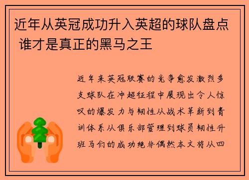 近年从英冠成功升入英超的球队盘点 谁才是真正的黑马之王