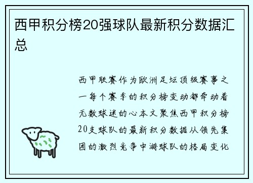 西甲积分榜20强球队最新积分数据汇总