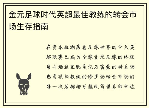 金元足球时代英超最佳教练的转会市场生存指南
